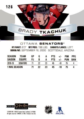 2019-2020 O-Pee-Chee Platinum Hockey #126 Brady Tkachuk Ottawa Senators - Picture 2 of 2