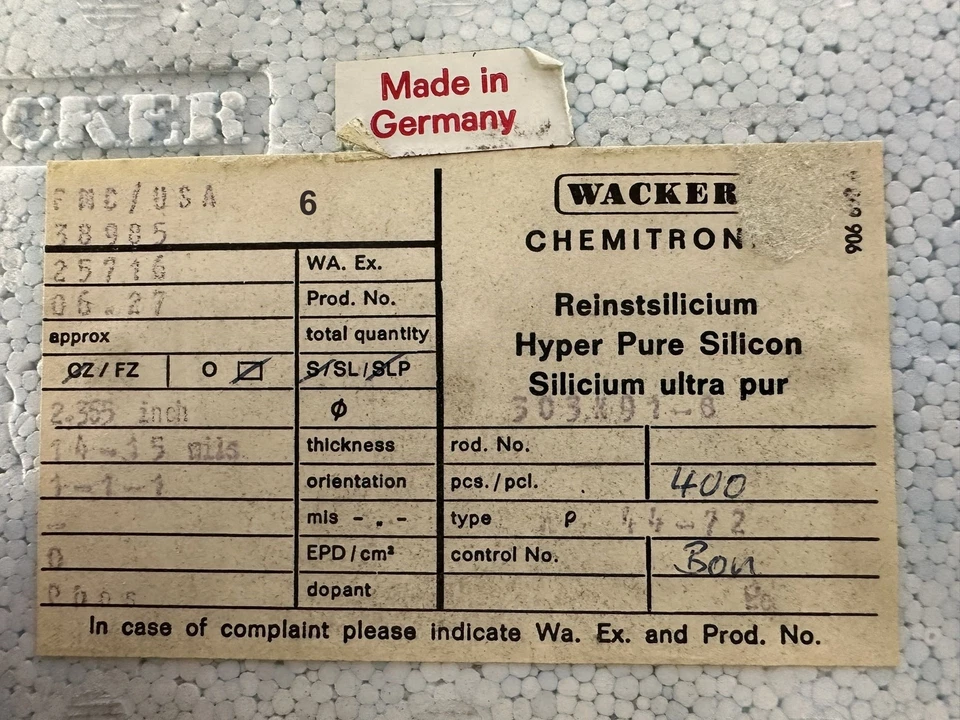  LOTE DE 400 OBLEAS WAKER CHEMTRON HYPER SILICON PURE 2.365" de diámetro, 14-15 molinos de espesor Foto 2 de 4
