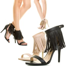 New Women Open Toe Stiletto Heel Fringe Tassel Ankle Strap Cuff Sandal Pump Shoe