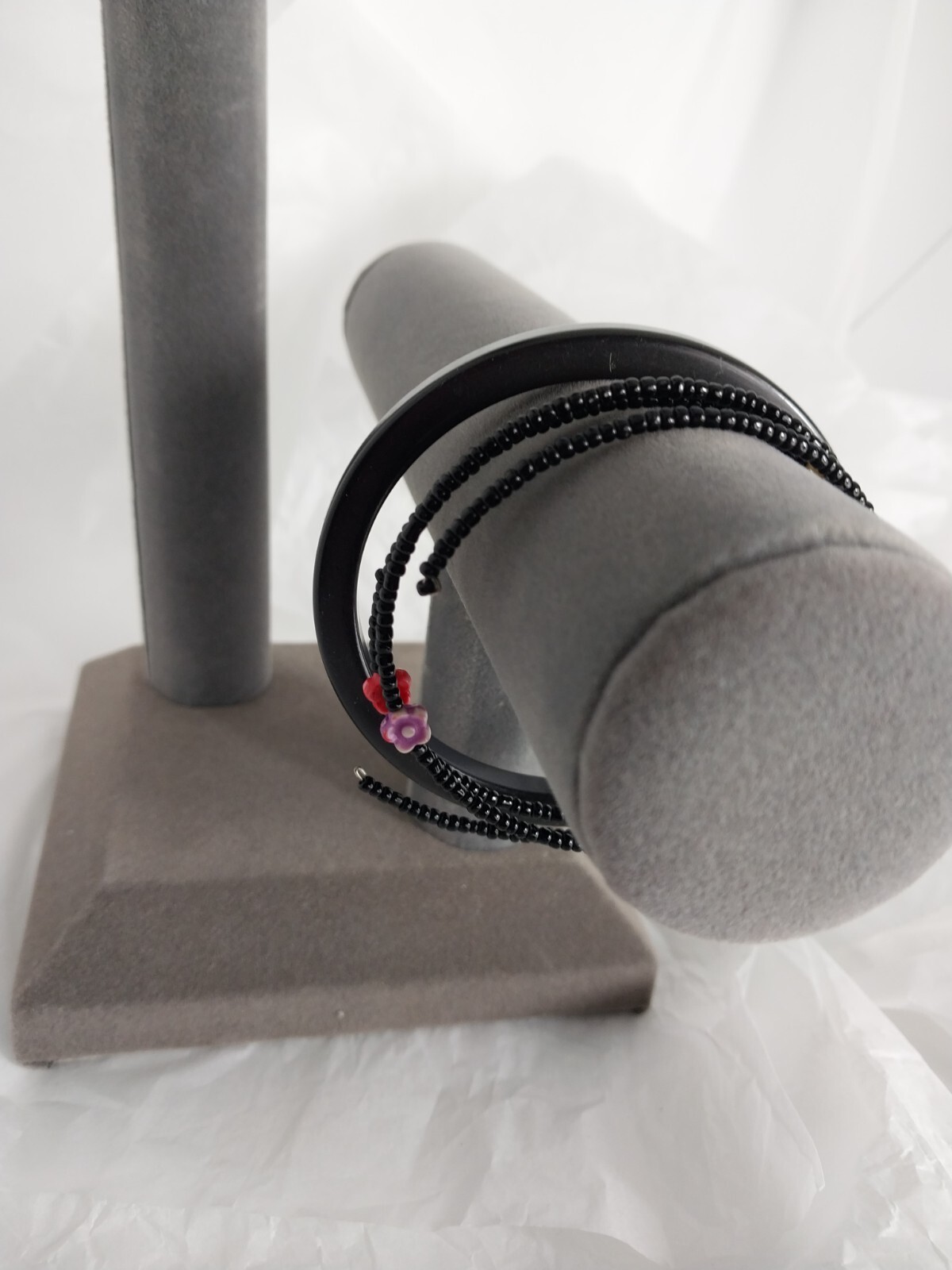 Black Bangle and Memory Wire Beaded Bracelet Set - image 6