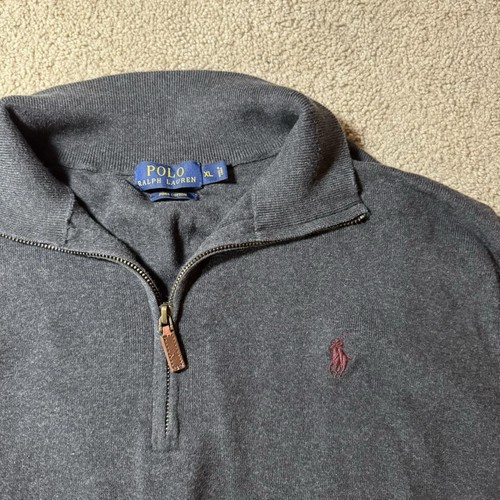 Polo Ralph Lauren Sweater Mens Large Grey Pima Cotton Quarter Zip Pullover Prep - Picture 2 of 5