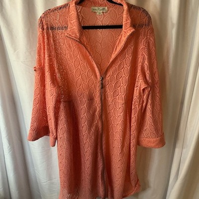 Simply Noelle Coral Pink Lace Zip Front Swim Cover Up Jacket XXL 16-18 Beachwear