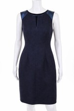 Elie Tahari Sleeveless Round Neck Blue Dress Lamb Leather Accent Lined Size 6