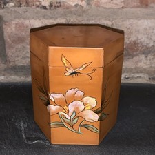 Vintage Chinese Wooden Veneered Hexagonal Hand Painted Tea Caddy Storage Box