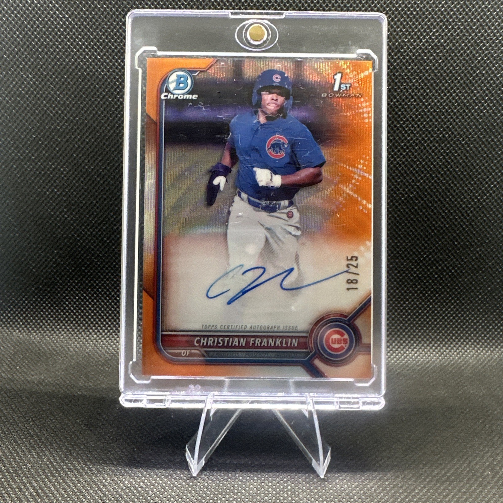 2022 Bowman Chrome Christian Franklin Auto Orange Refractor 1st #/25 Cubs