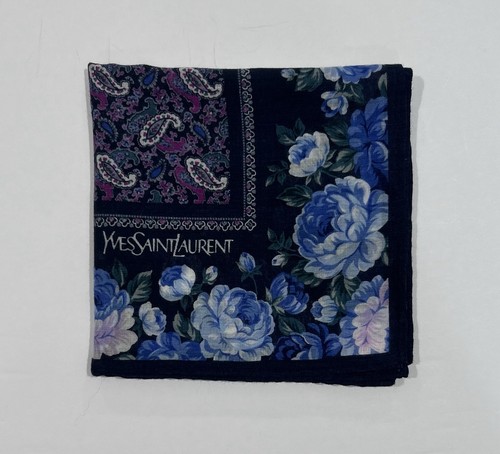 WOMEN HANDKERCHIEF YSL FLORAL PAISLEY Blue Black COTTON POCKET SQUARE 18” - Picture 2 of 6