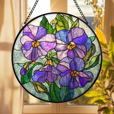 Purple Pansy Stained Glass Suncatcher, Floral Window Hanging, Round Botanical