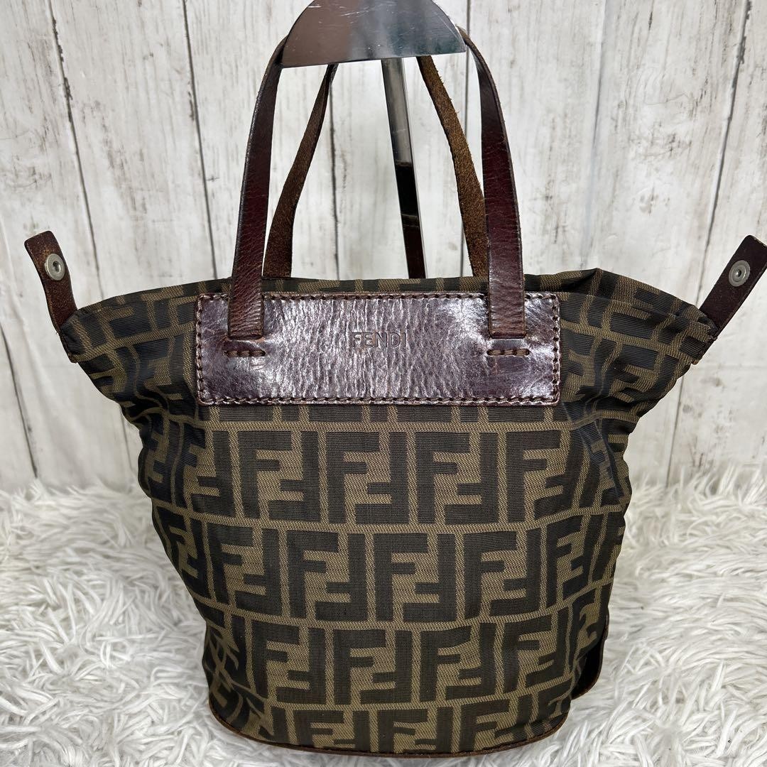 FENDI Zucca Leather 2way Tote Bag Brown Logo Handbag PG5659