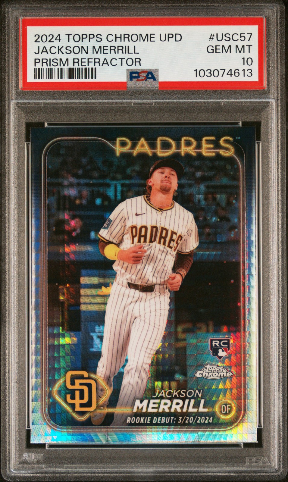 2024 TOPPS CHROME UPDATE PRISM REFRACTOR #USC57 JACKSON MERRILL PSA 10