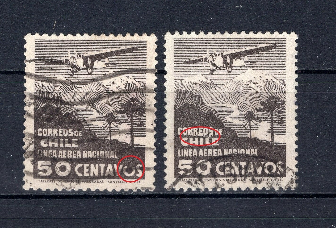 CHILE ERROR VARIETY 50c brown LAN x2
