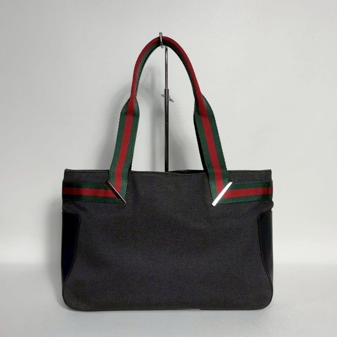 Gucci Sherry Line Black Leather & Canvas Handbag 8.7x13x2.8in Pre-Owned