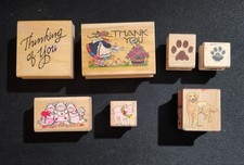 Lot Of 7 Wooden Rubber Stamps Dogs Pigs Animals Thank You Thinking of You