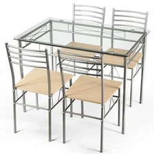 5 Pieces Dining Set Glass Table and 4 Chairs - Color: Natural