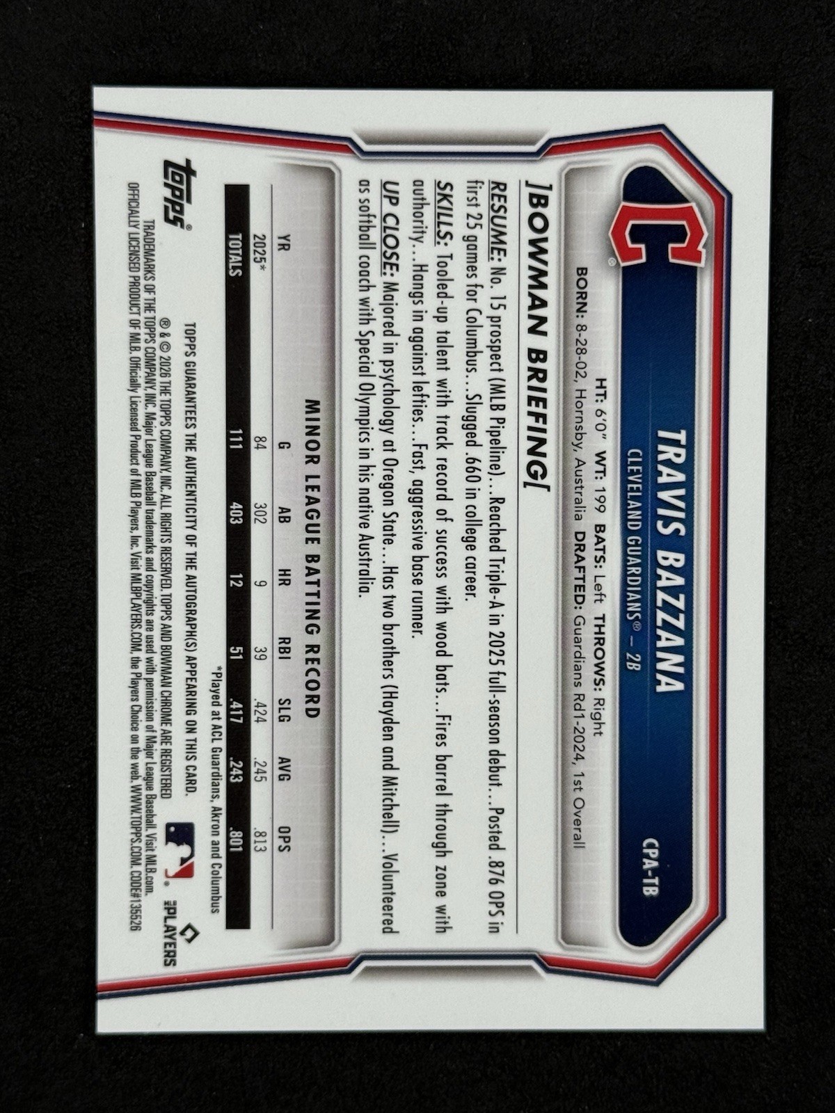 TRAVIS BAZZANA 2026 Bowman Chrome Auto #CPA-TB Popcorn Refractor /5 Guardians view 2