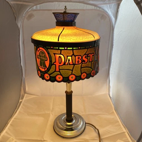 Vintage Pabst Beer Tiffany-Style Adjustsble Stained Glass Lamp *works*
