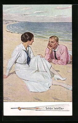 Ansichtskarte Paar am Strand, Barometer zeigt Schön Wetter 