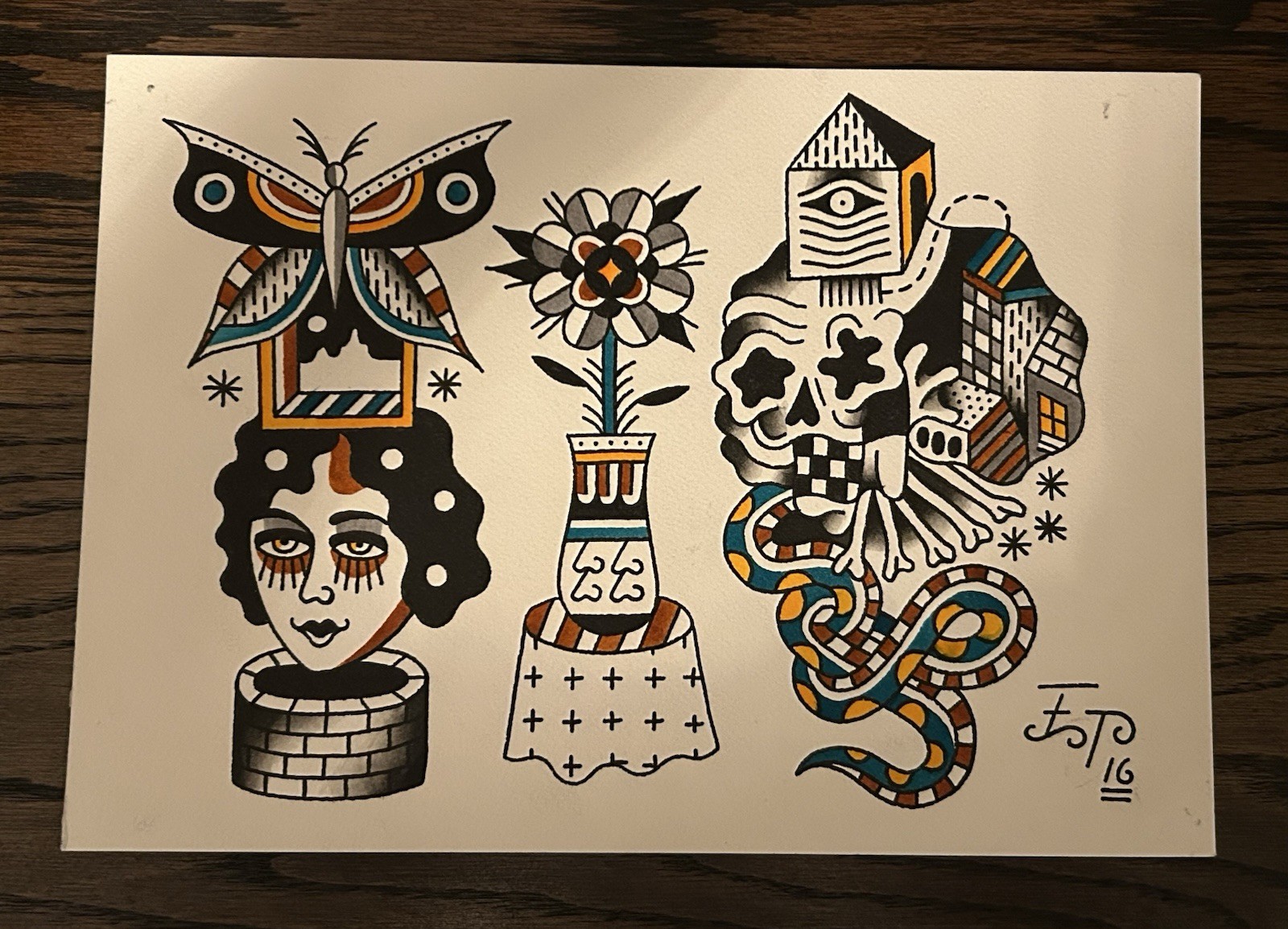 Yeahgnar Original Flash Painting Skull Pinup Tattoo RARE Daniel Higgs Ed Hardy