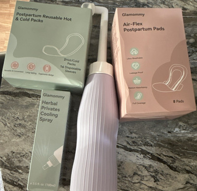 Glamommy Postpartum Pads Air-Flex Leakage Proof + Hot/Cold Packs + 3.5oz Spray