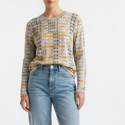 Stine Goya Roxanne Light Jersey Long Sleeve T-Shirt Crewneck Women Small Checked