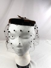 Vintage 1950-60's Womens Brown Velvet Halo Fascinator w/ Polka Dot Net Veil