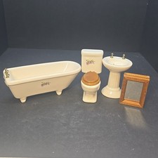 Dollhouse Miniature Bathroom Porcelain W/Decal Tub Toilet Sink Medicine Cabinet