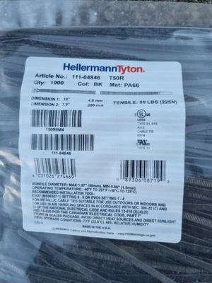 HELLERMANNTYTON Pack Of 1000 Heavy Duty Black Nylon Cable Ties 200mm x 4.8mm Zip Tie Wraps