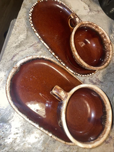 VTG Hull Pottery Brown Drip Snack Tray & Soup Mug Sets Oven Proof 2 Sets 1970s