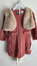 Tommy Bahama Toddler Girls 3 Piece Set- Faux Fur Vest, Sweater Dress Tights