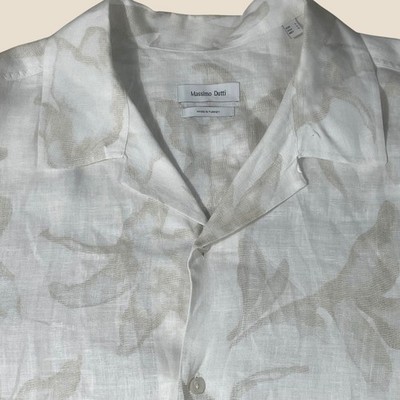 Massimo Dutti Mens Linen Floral Leaf Print Button Down Shirt White Beige Large