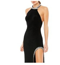 NWT Mac Duggal 26533 Black Rhinestone Halter Open Back Jersey Gown Womens Size 2