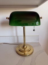 Vintage Bankers Desk Lamp Green Glass Shade Brass Base Pull Chain