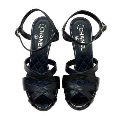 CHANEL Rhinestone COCO Mark Leather Sandals 37C Black Women