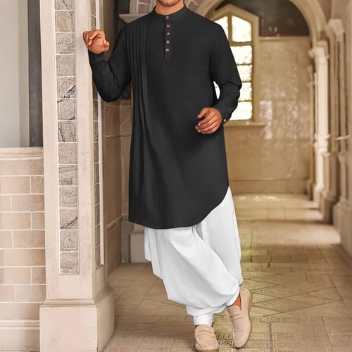 Muslim Men's Button Cotton Linen Shirt Muslim Robe, - Picture 17 of 30