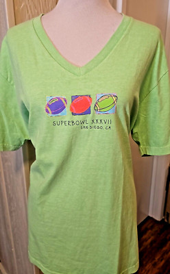 Fresh Produce neon green v neck t shirt women's XL Super Bowl 37 San Diego
