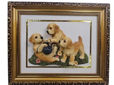 Framed 3D Puppies Art 9'' X 11'' Granny Core Country Core Kitsch 