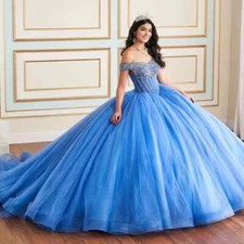 Sparkly Blue Quinceanera Dresses Sequins Applique Beading Sweet 15 16 Ball Gowns