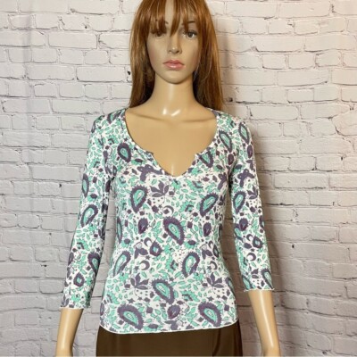 New Free People Paisley Rayon Split V-Neck 3/4 Sleeve Top Size S