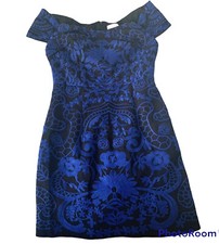 Foxiedox Dress Womens 2 Royal Blue Black Floral Embroidery Holiday Party Evening