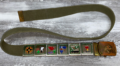 Vintage Boy Scout BSA Web Belt With Lot Of 6 Merit Badges Slides Brass Buckle