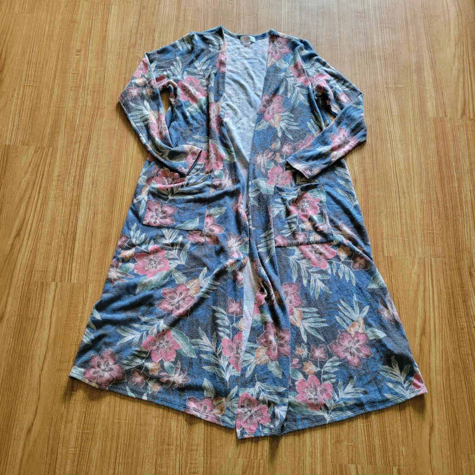 Cárdigan plumero Lularoe para mujer talla mediana gris azul estampado floral suéter de bolsillo Foto 2 de 4