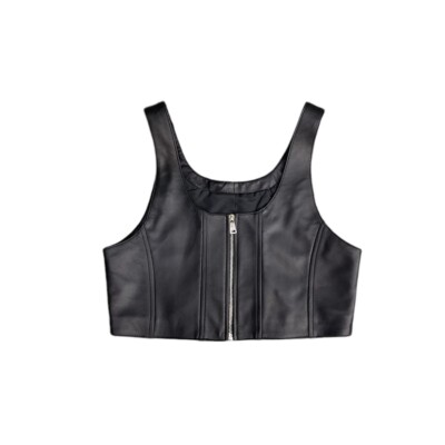 Women's Black Genuine Leather Soft Lambskin Street Style Festival Cropped Vest