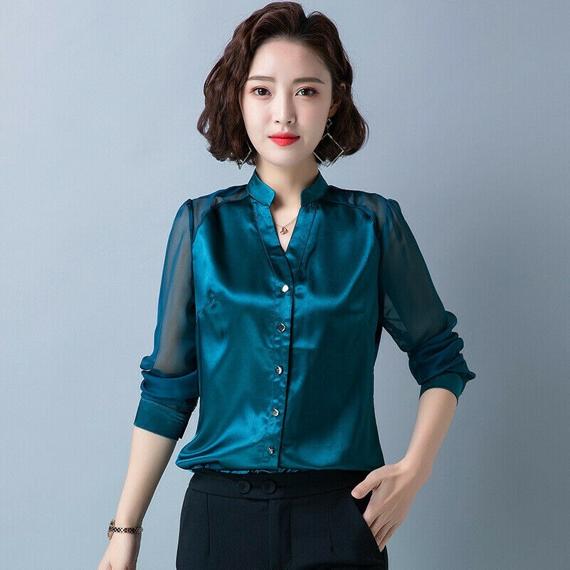 Lady Satin Blouse Silky Faux Silk Shirt V-neck Mesh Long Sleeve Casual Work  Chic | eBay
