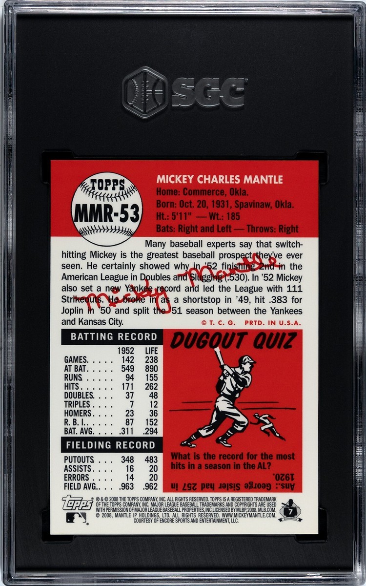 2008 Topps Mickey Mantle #MMR-53 Blue Refractor SGC 8.5 NM-MT+