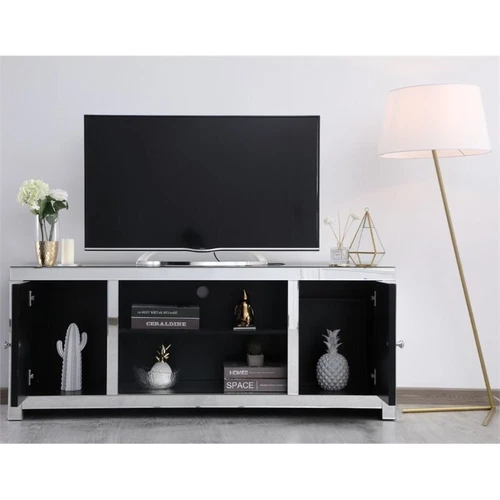 Elegant Decor Modern 2 Door 59" Clear Silver Crystal Mirrored TV Stand - Picture 8 of 11