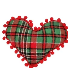 Farmhouse Primitive Folk Art Plaid HEART Ornie Bowl Filler Ornament Pom Poms