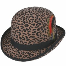 Cappello Bowler 100% Lana Leopardato con Piuma Rimovibile Foderato in Raso in 4 Misure