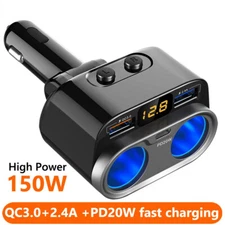 150W 12V Car Cigarette Lighter Socket Splitter QC 3.0 Type C PD Fast USB Charger