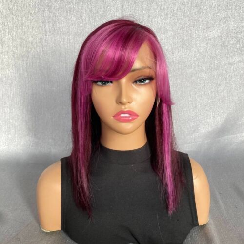 14inch Highlight Purple 13x4 Transparent Lace Front Wig Human Hair With Bangs