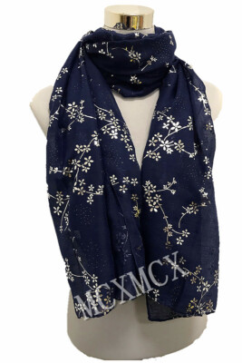 Damen Frauen Metallic Silber Folie Klein Blumen Print Schal Glitzer Schals Halstuch
