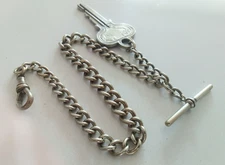 Antique Pocket Watch Chain T-Bar, Dog Clip graduated curb link Russwin U.S.A Key
